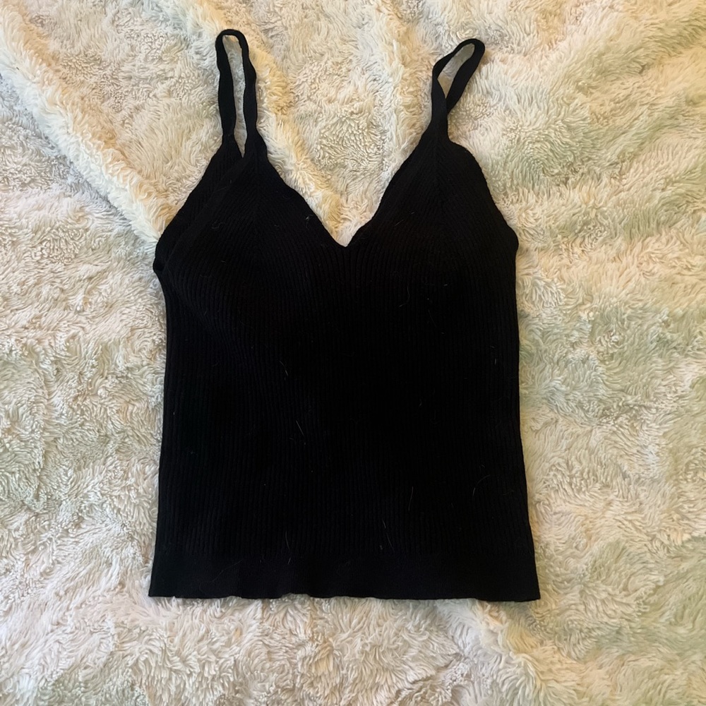 Black cashmere material rubbed tank top with low v neck in front and back